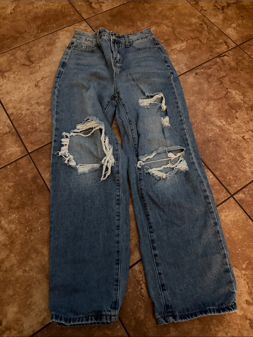 SHEIN Medium Blue Ripped Boyfriend Jeans